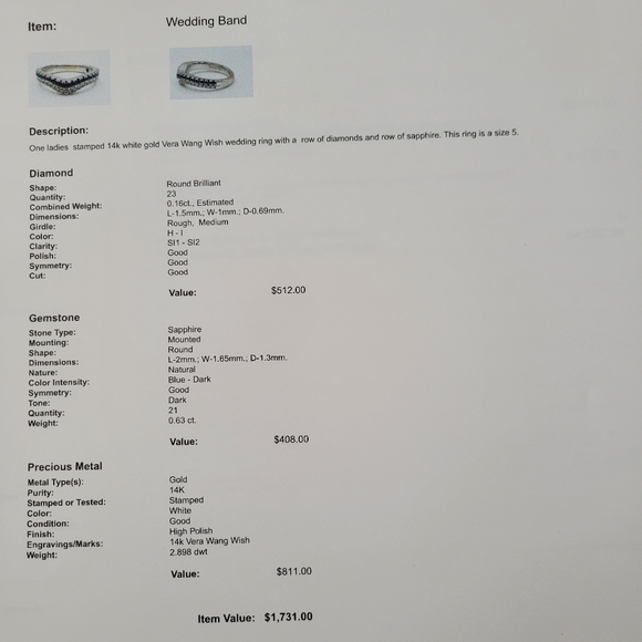 BAND SOLD!!14K WHITE GOLD VERA WANG DIAMOND & SAPPHIRE WISH 2 PC BRIDAL SET S: 5 - Picture 13 of 16